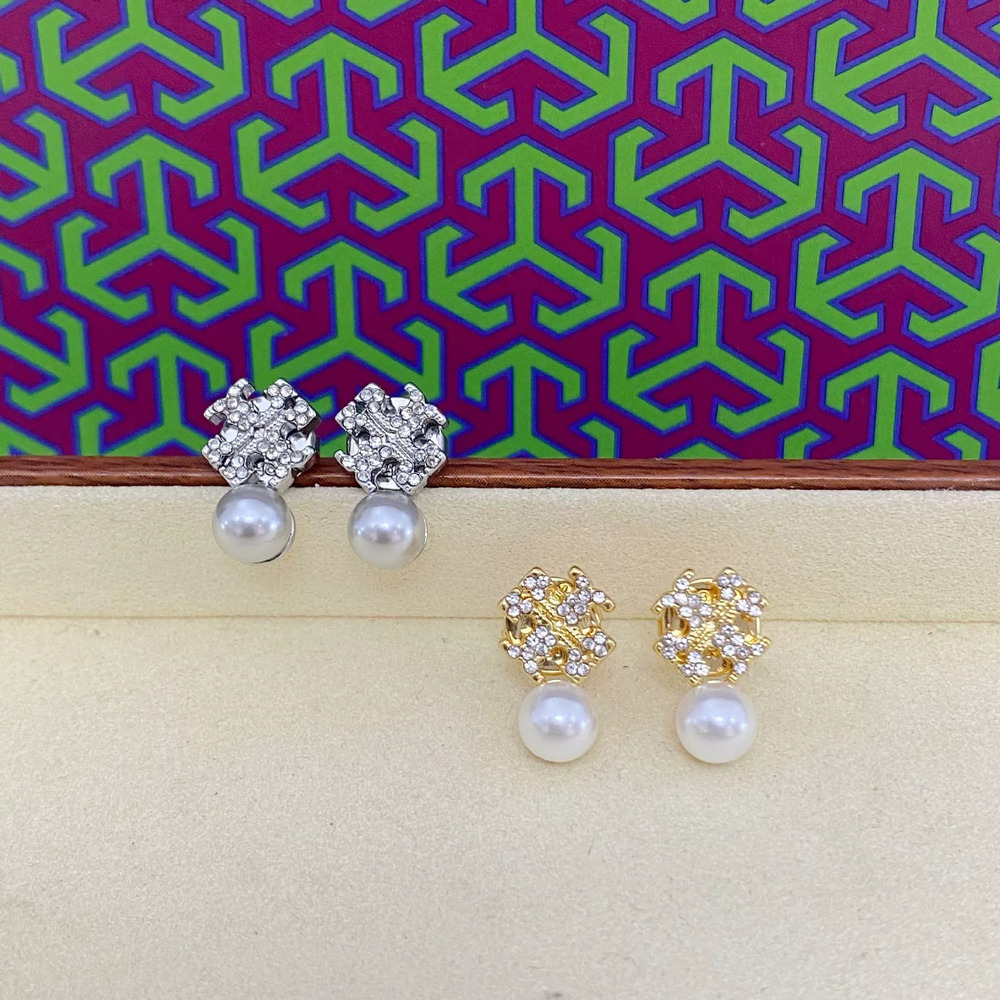 Tory Burch Rhinestone Letter Pearl Drop Earrings